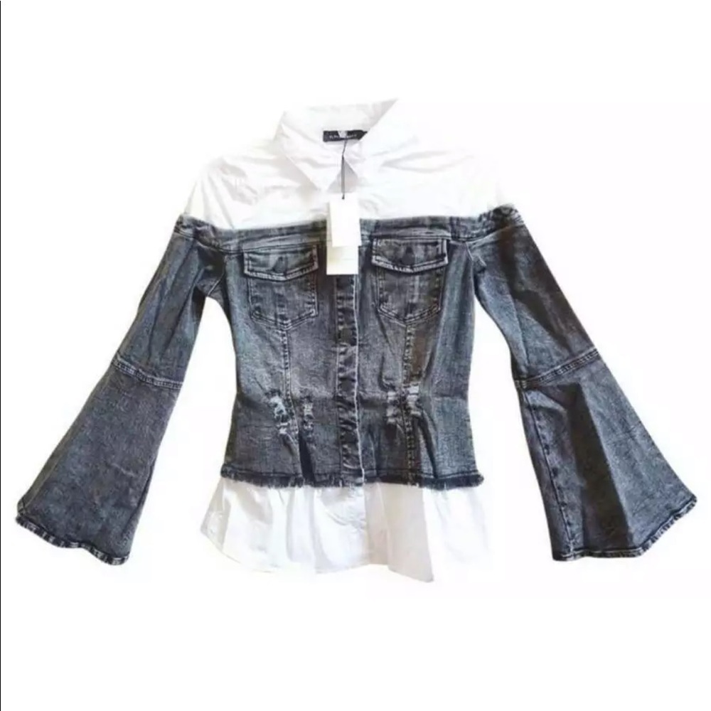 $280 Yellowstone Cowgirl Blouse Small 2 4 Distressed Denim Top Contrast Poplin
